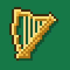 A gold 8-bit harp on green