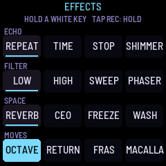 The effects grid, REC held: four rows of four, Octave held