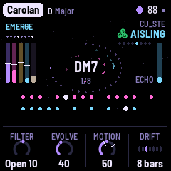 Carolan playing: the piece, its key and tempo at the top, EMERGE and its bars on the left over five level meters, the chord DM7 in white in the middle with the harps' notes circling it, CU_STE and, under it, a green triskele and AISLING at the top right, the echo's level on the right, two lanes of steps below, the Aisling page's four knobs at the bottom