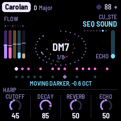 The Sequence's sound page: Cutoff, Decay, Reverb and Echo, with MOVING DARKER, -0.5 OCT under the lanes